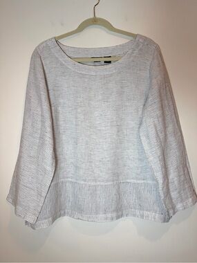 Tahari 100% Linen Pinstripe Boatneck Top White Black Stripe Blouse Size Large